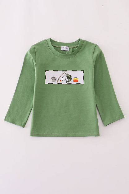 Green fishing embroidery top