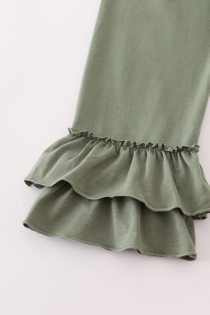 Green corduroy floral lace ruffle pants set