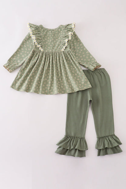 Green corduroy floral lace ruffle pants set