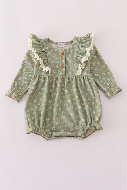 Green corduroy floral lace ruffle bubble