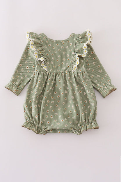 Green corduroy floral lace ruffle bubble
