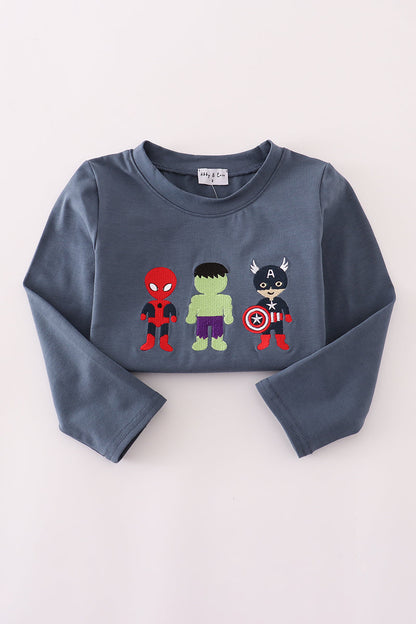 Navy character embroidery top