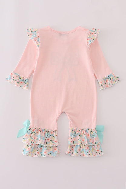 Pink floral print bow applique ruffle romper