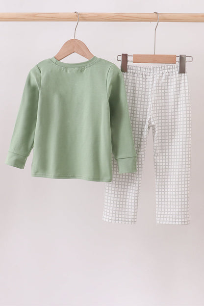 Green turkey embroidery gingham pants set