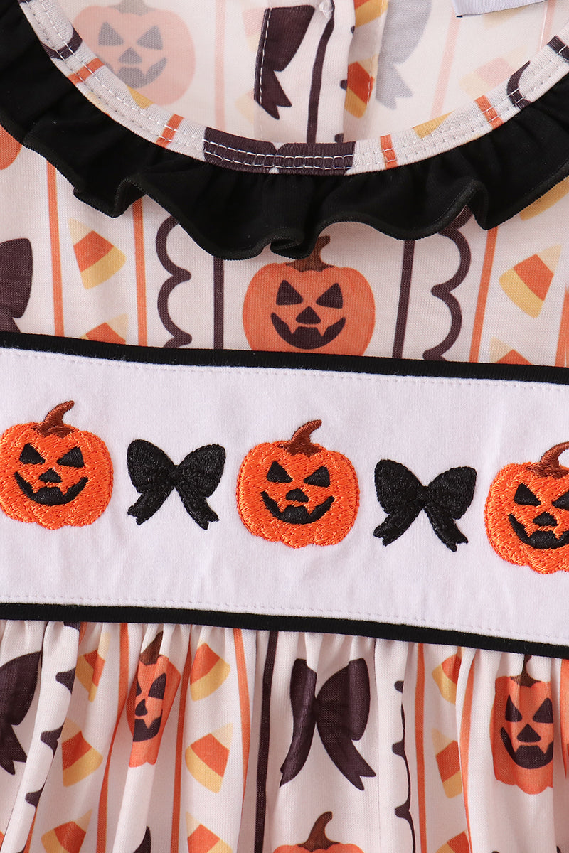 Pumpkin bow embroidery ruffle dress
