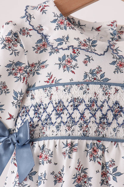 Teal floral smocked bow bubble
