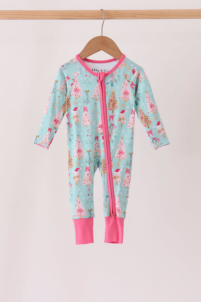 Green christmas tree bamboo zipper romper