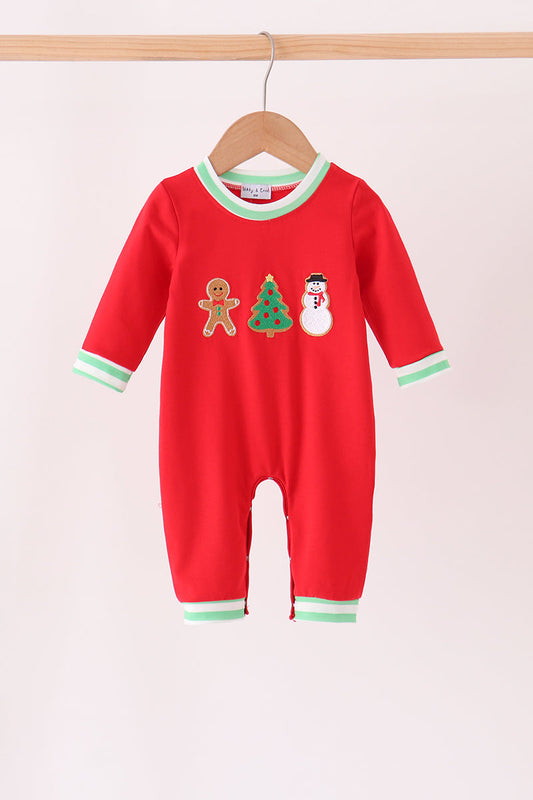 Red Gingerbread Tree Embroidery Romper