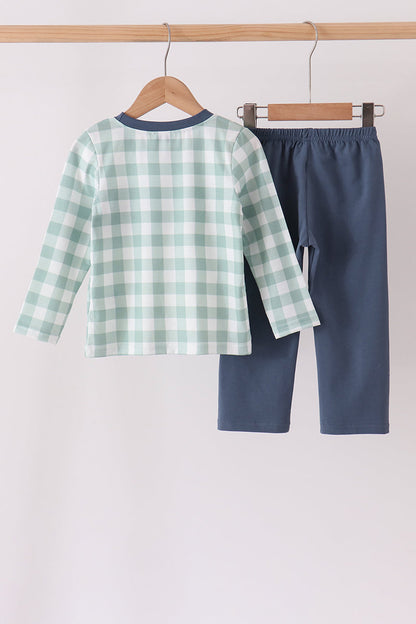 Sage Turkey Embroidery Gingham Pants Set