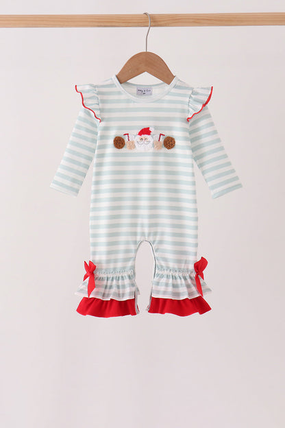 Gray stripe santa french knot ruffle romper