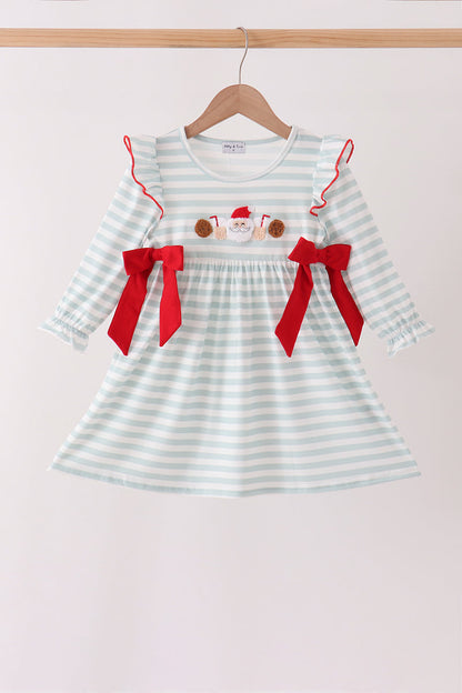 Gray stripe santa french knot ruffle dress