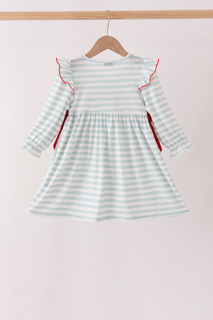 Gray stripe santa french knot ruffle dress