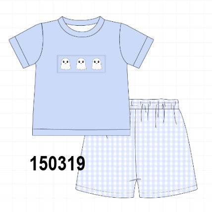 Blue ghost embroidery gingham shorts set