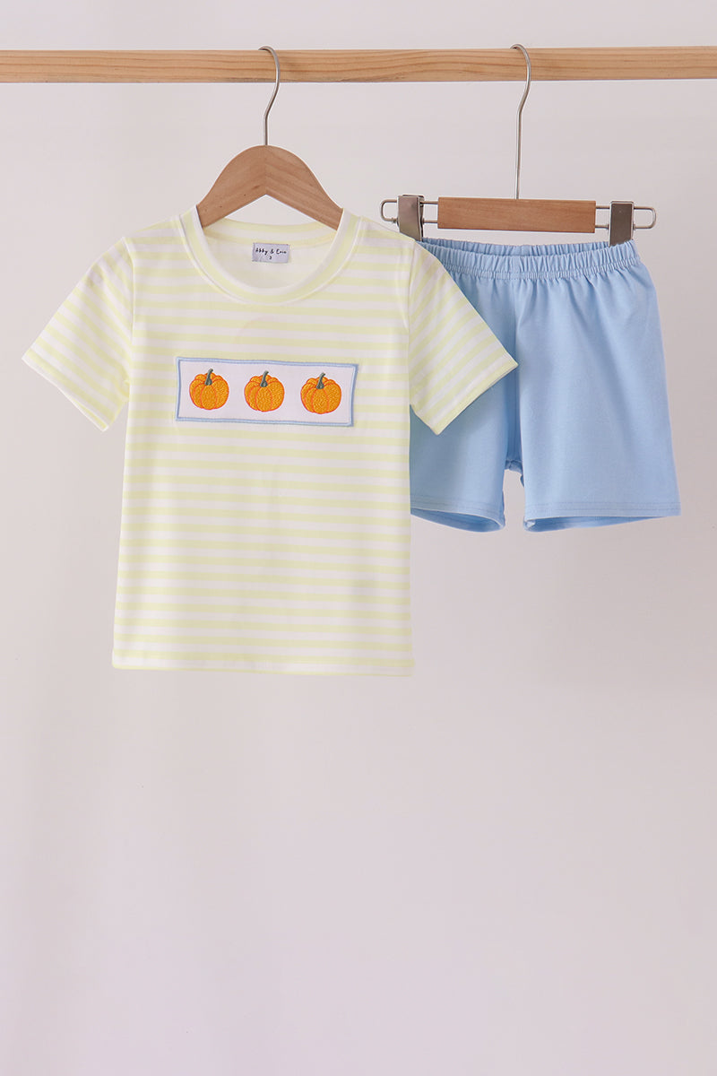 Yellow stripe pumpkin embroidery shorts set