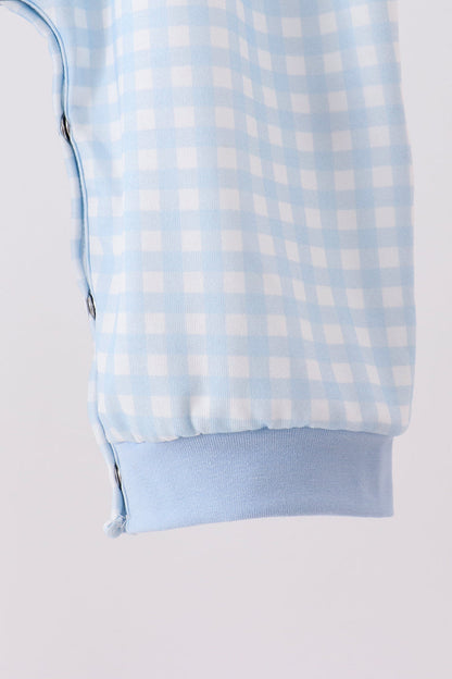 Blue train embroidery gingham romper