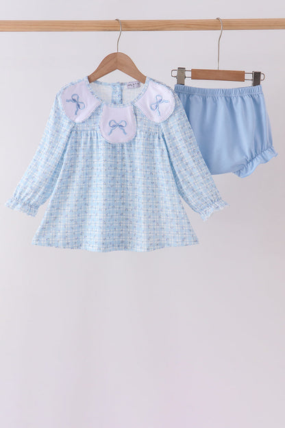 Blue bow embroidery bloomer set