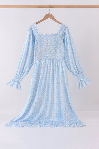 Blue floral smocked mom dress