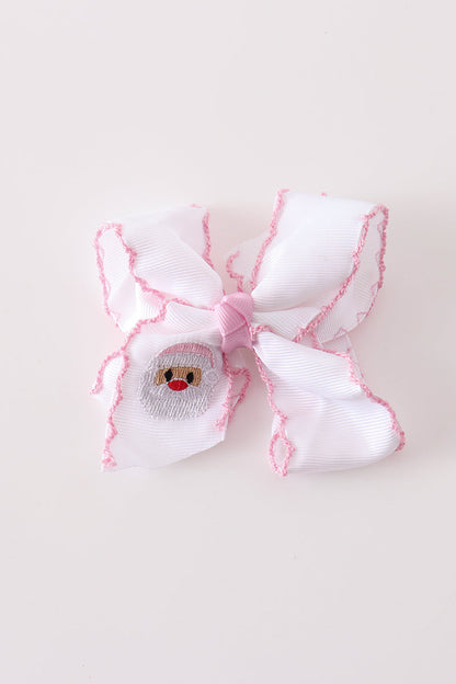 Pink santa claus embroidery crochet edge hair bow