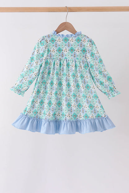 Green santa print ruffle dress