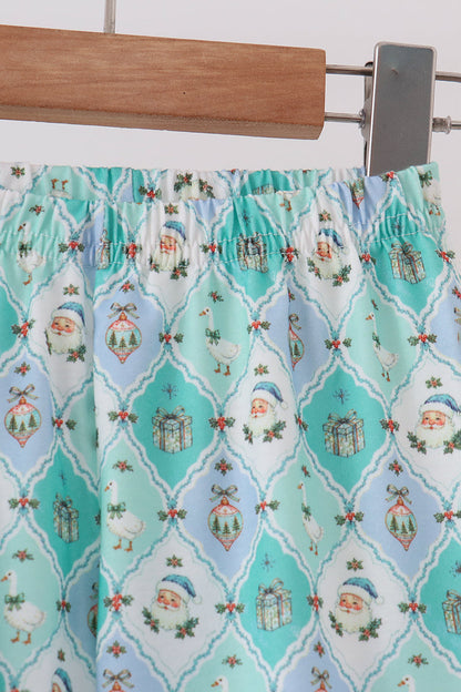Green santa print ruffle pajama set