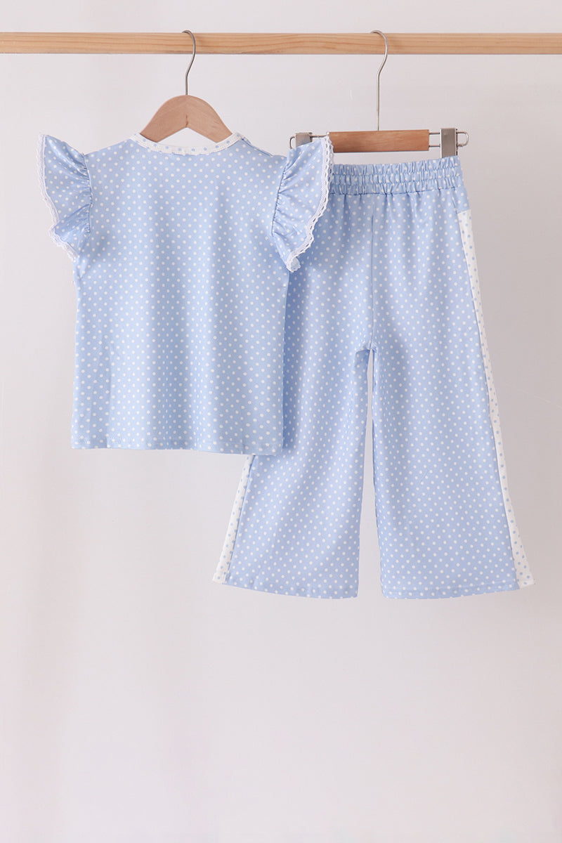 Blue polka dot pocket ruffle pants set