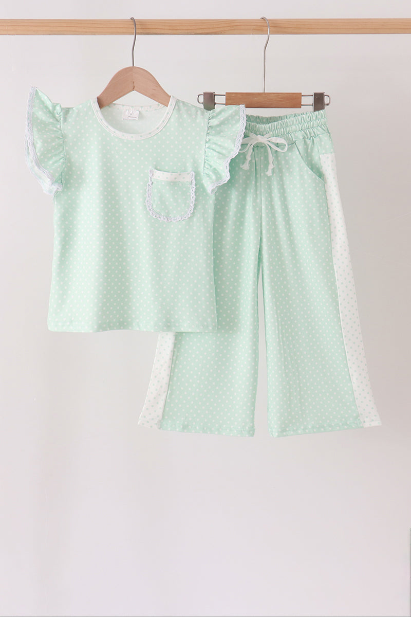 Green polka dot pocket ruffle pants set