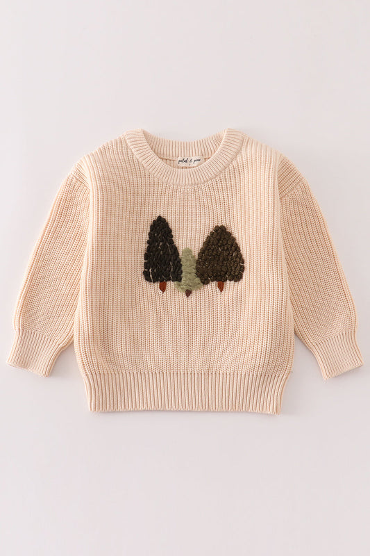 Kids' white hand-embroidered Christmas tree pullover sweater by Cloudling Kids.