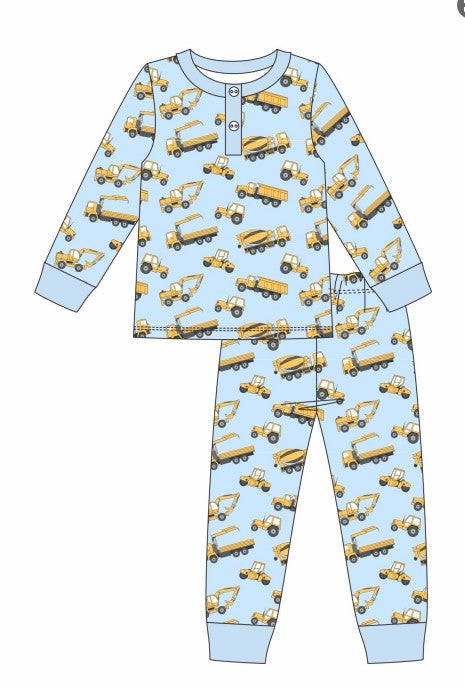 Premium blue excavator print bamboo pants set