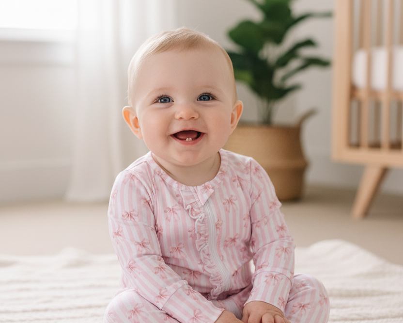 Premium blush bow stripe bamboo romper