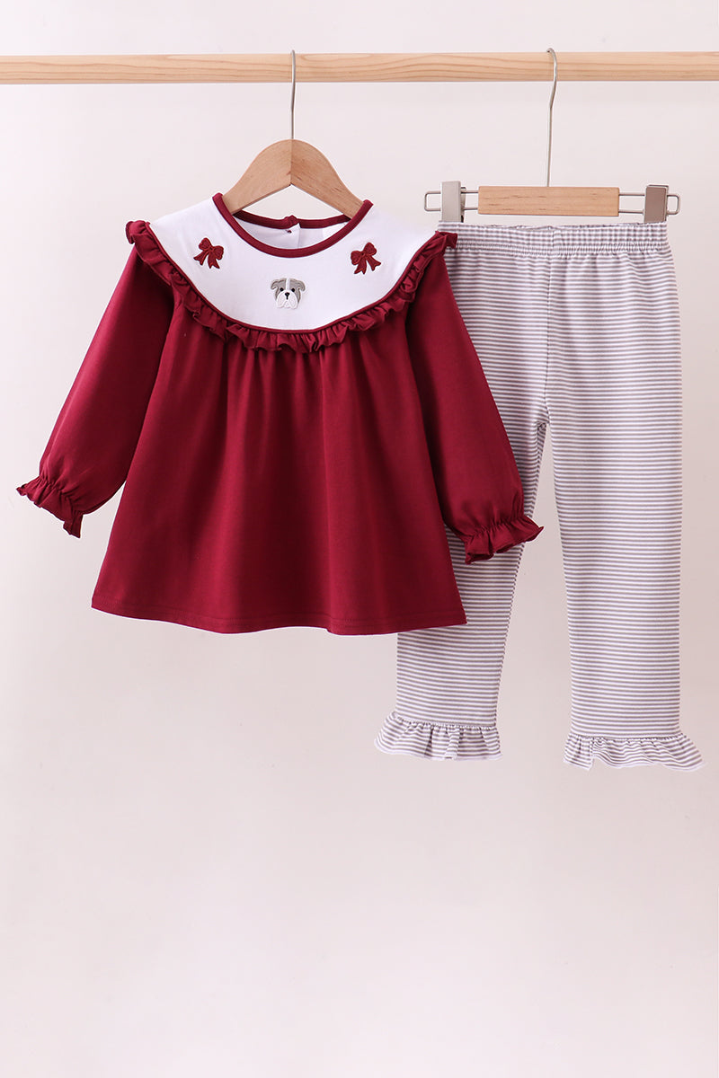 Premium Maroon Georgia bulldog bow embroidery ruffle pants set - Cloudling Kids Clothing