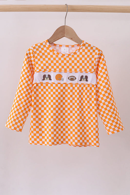 Orange Tennessee puppy bow embroidery checkered top