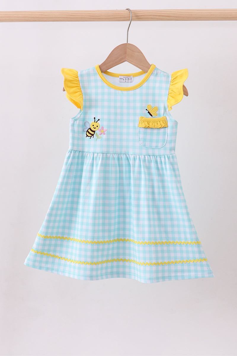 Blue gingham  butterfly & bee pocket flutter dress - Cloudling Kids Clothing