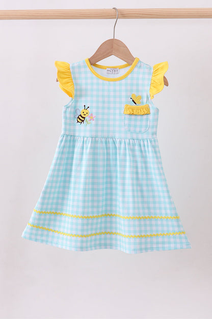 Blue gingham  butterfly & bee pocket flutter dress - Cloudling Kids Clothing