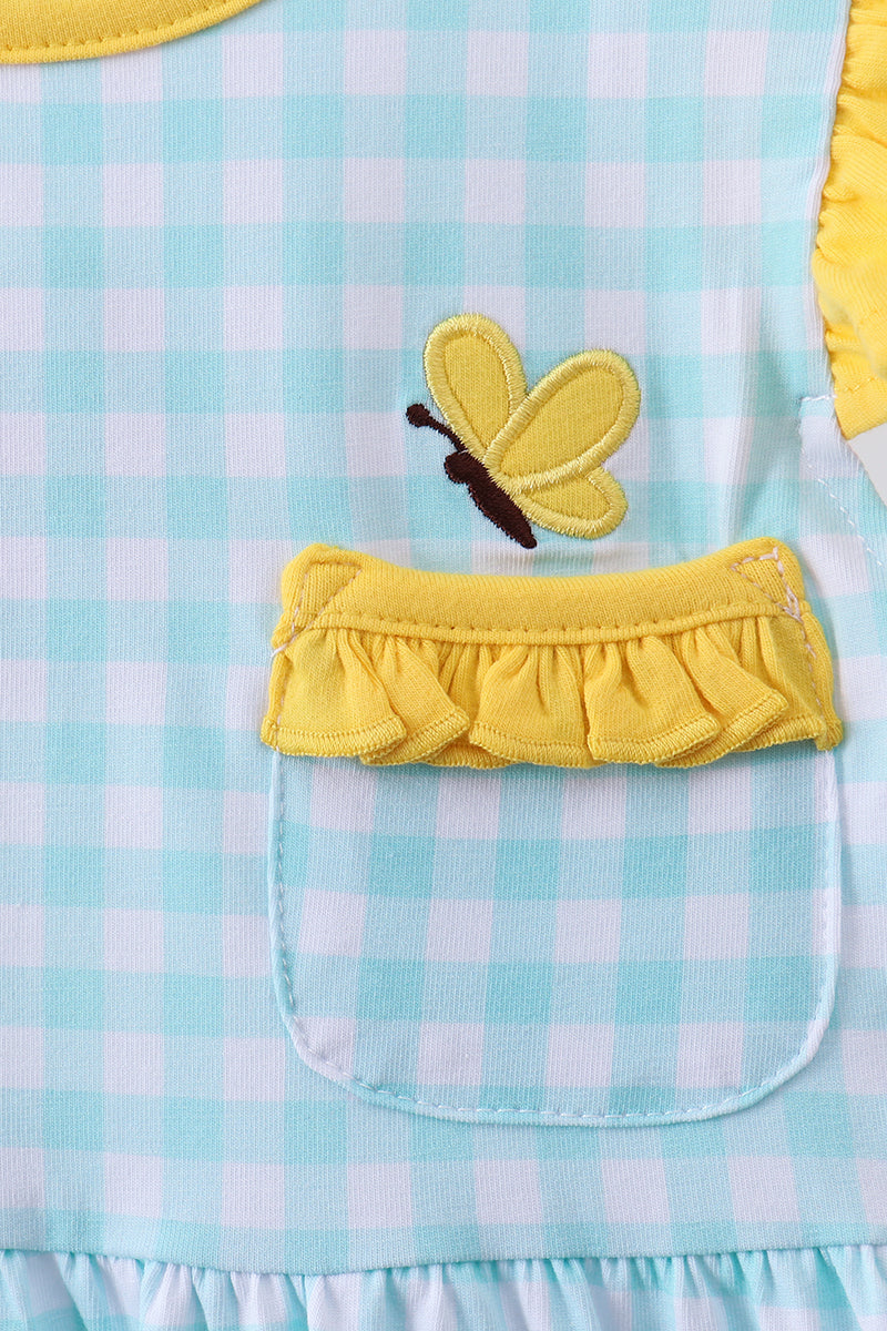 Blue gingham  butterfly & bee pocket flutter dress - Cloudling Kids Clothing