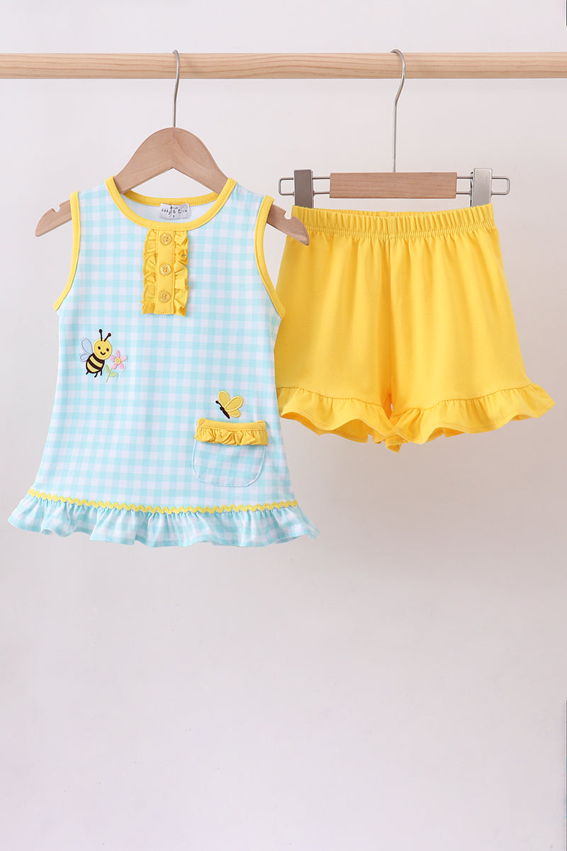 Blue gingham butterfly & bee pocket ruffle shorts set - Cloudling Kids Clothing