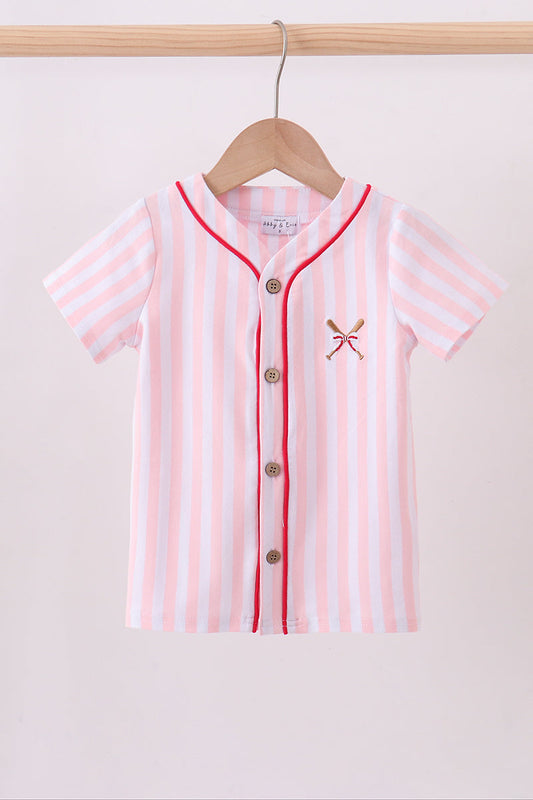 Pink baseball bow stripe top - Cloudling Kids Clothing