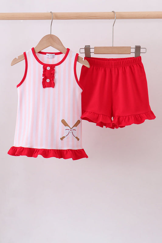 Pink baseball bow stripe ruffle shorts set - Cloudling Kids Clothing