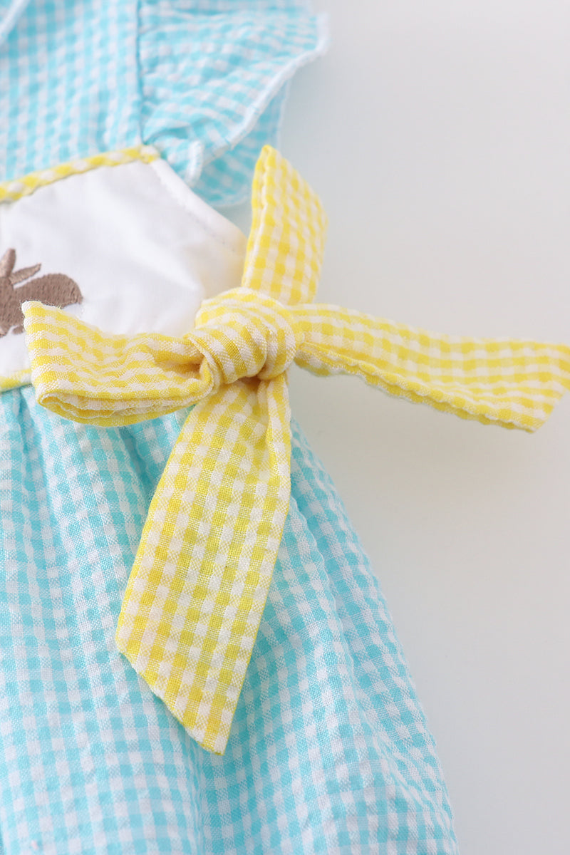Premium mint bunny egg embroidery gingham bubble - Cloudling Kids Clothing