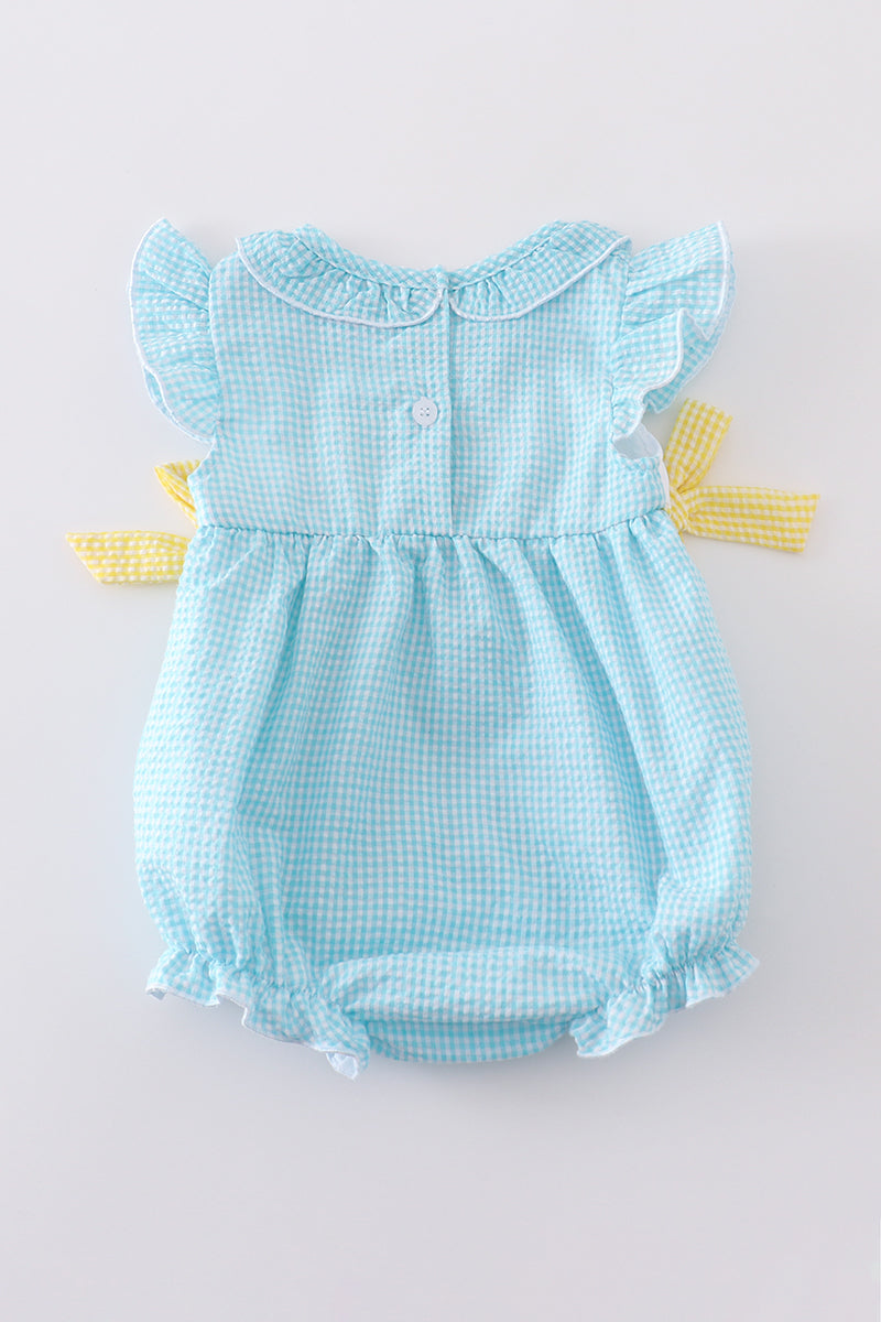 Premium mint bunny egg embroidery gingham bubble - Cloudling Kids Clothing