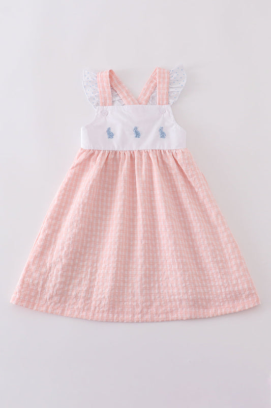 Premium Pink bunny embroidery gingham dress - Cloudling Kids Clothing