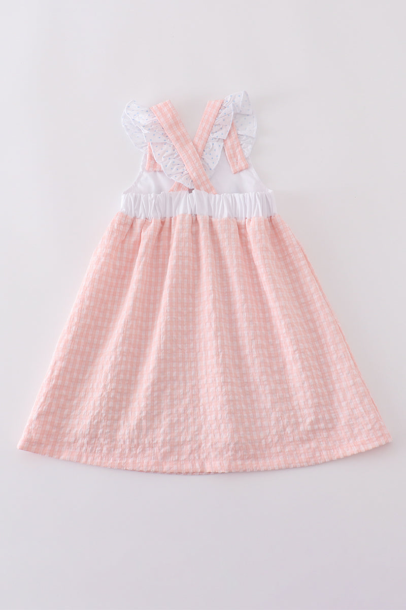 Premium Pink bunny embroidery gingham dress - Cloudling Kids Clothing