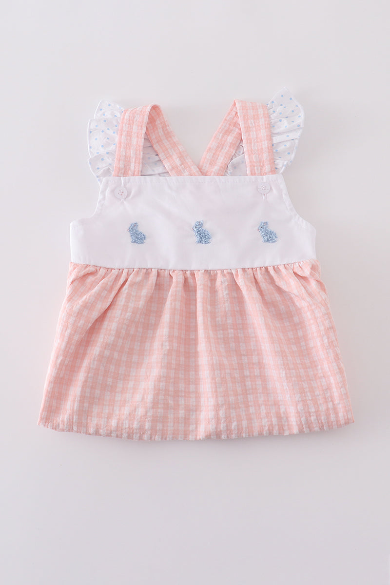 Premium Pink bunny embroidery gingham dress - Cloudling Kids Clothing