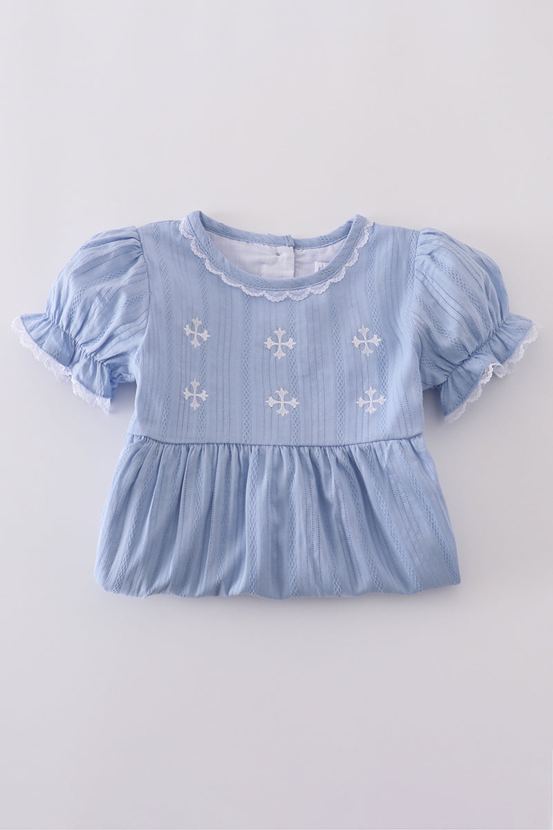 Premium Blue cross embroidery dress - Cloudling Kids Clothing