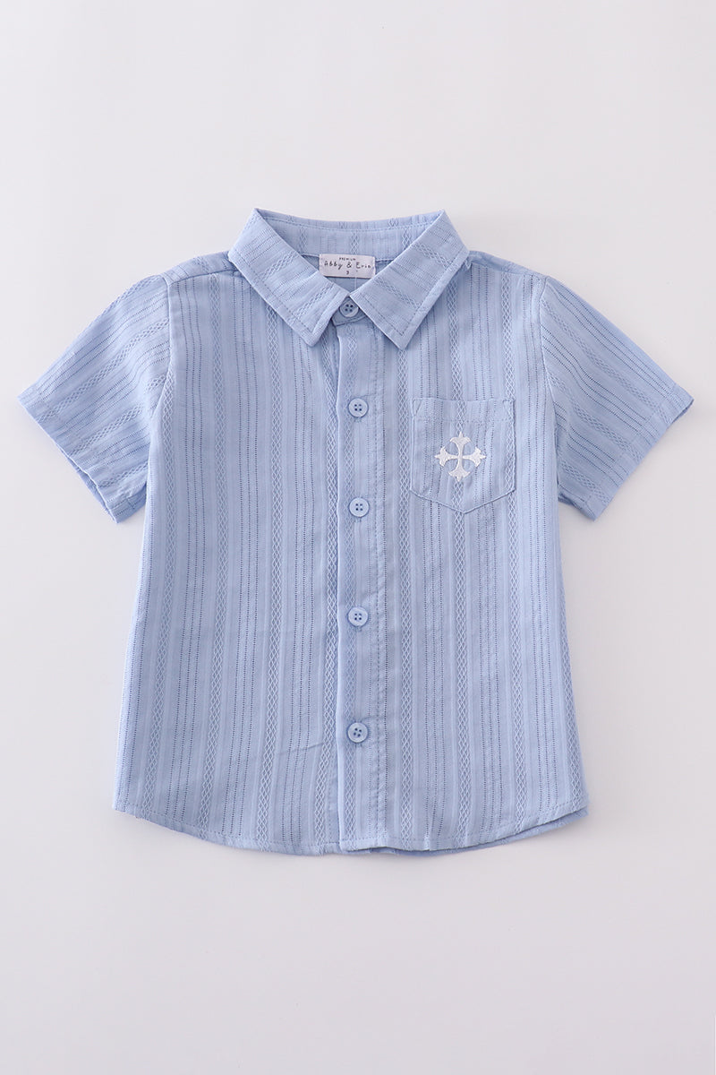 Premium Blue cross embroidery button down shirt - Cloudling Kids Clothing