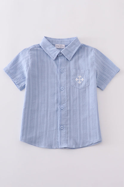Premium Blue cross embroidery button down shirt - Cloudling Kids Clothing