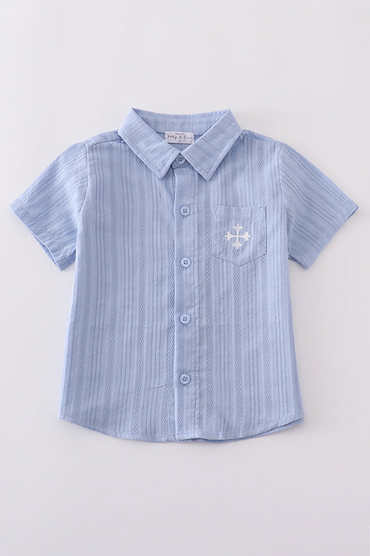 Premium Blue cross embroidery button down shirt - Cloudling Kids Clothing