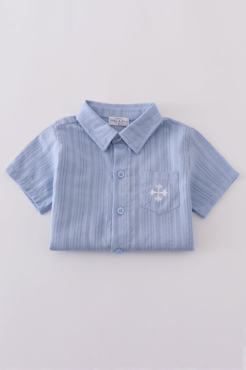 Premium Blue cross embroidery button down shirt - Cloudling Kids Clothing