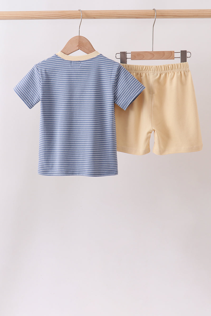 Blue stripe truck embroidery shorts set