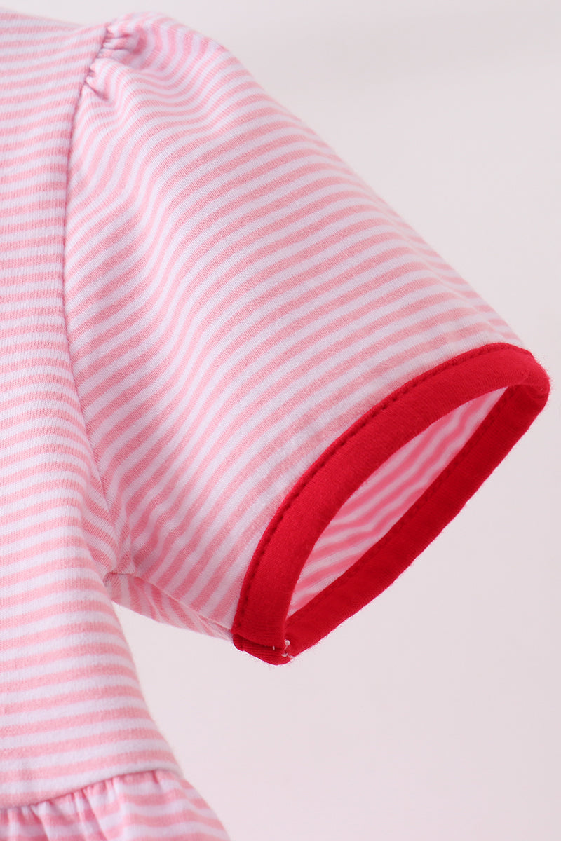 Pink apple embroidery stripe dress