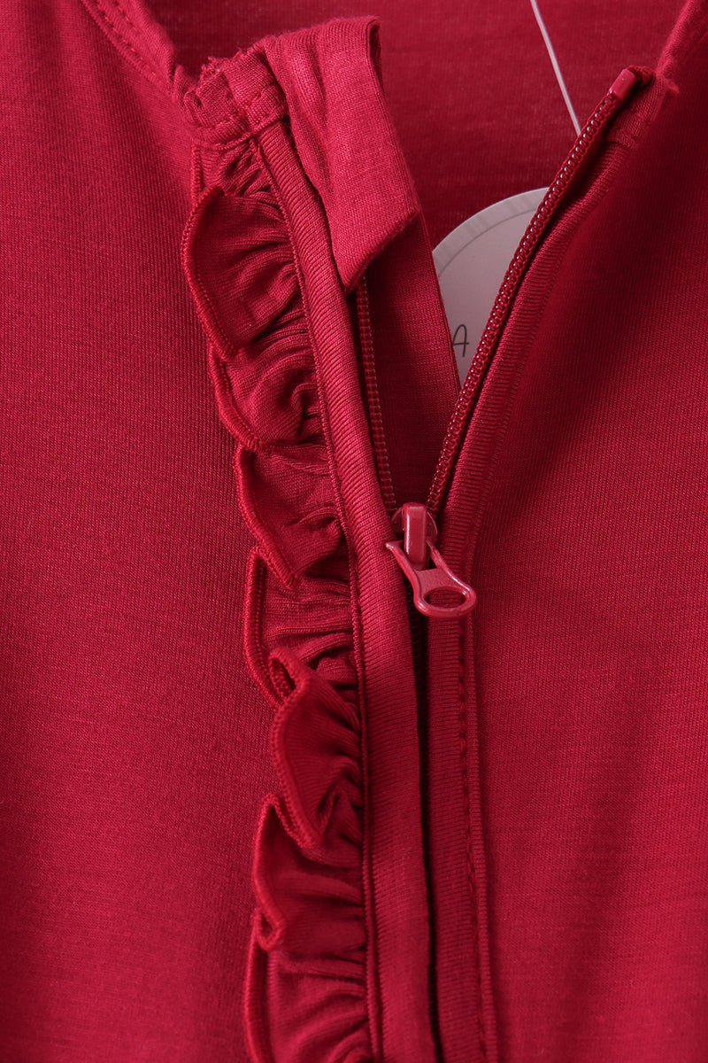 Burgundy ruffle zipper bamboo romper – view 2